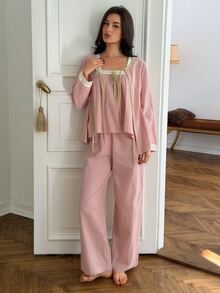 DAZY Women's Colorblock Pleated Top, Cardigan And Long Pants Casual Daily Home Sleepwear Set - Pink - View 8