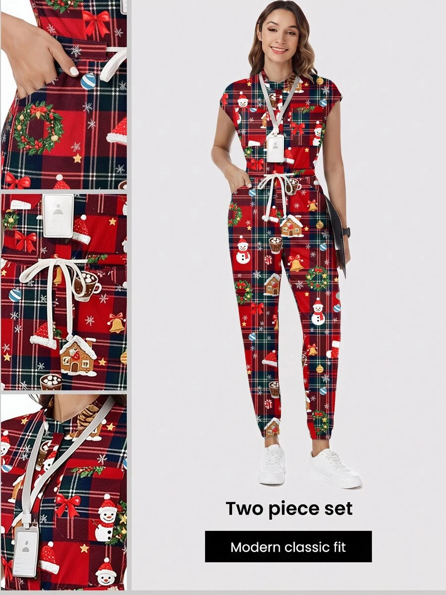 TaskEZ Scrub Uniform Jumpsuit, Christmas Santa Plaid Women's Nurse Scrub Uniform, Surgical Scrub, Healthcare Worker Scrub Uniform, Matte Printed Jumpsuit With Shoulder Sleeves, 4 Pockets And Waist Drawstring - Multicolor - View 1