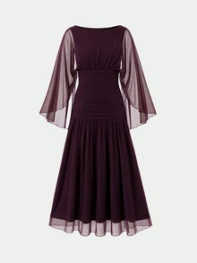 Tween Girl Mesh Patchwork Kids Pleated Fashion Party Dress - Burgundy - View 6