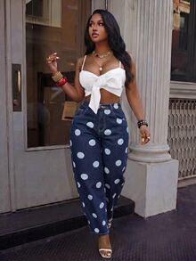 Slaydiva Women's Polka Dot Pattern Casual Denim Loose Curved Leg Dad Jeans - Blue - View 1