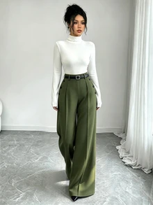 Elenzga Women's Solid Color Casual Versatile Daily Wear Long Pants - Green - View 3