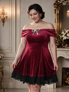 Rometta Plus Size Off-Shoulder Rhinestone Bow Decor Cinched Cinched Waist A-Line Layered Tulle Dress, Fashionable Elegant For Street, Party, Date, Women - Burgundy - View 4