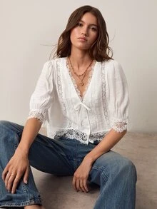Willow Rêve Women's White V-Neck Lace Patchwork Button-Front Top - White - View 5