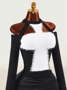 Mistrie Women's Cross Pattern Cold Shoulder Long Sleeve Fashion Slim Fit Sweater - Black and White - View 5