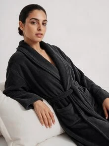 Ocili Studio Women's Fashion Minimalist Soft Comfortable Black Half-Fleece Lapel Loungewear Robe - Black - View 5