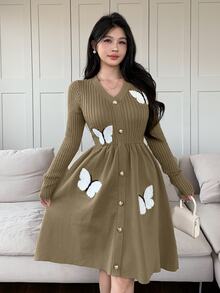 Feyla Women's Butterfly Pattern Single-Breasted Long Sleeve Fashion Knit Dress - Multicolor - View 5