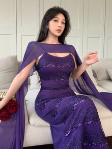 Feyla Women's Lace Patchwork Casual Minimalist Party Spaghetti Strap Dress - Purple - View 5