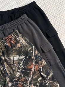 SHEIN 3件組男孩休閒可愛多功能簡約印花純色慢跑褲，彈性腰頭運動長褲，附多功能口袋，秋冬款迷彩長褲基本運動褲套裝，適合秋冬穿搭 - 彩色 - 查看 4