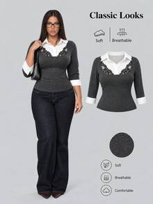 Sweetra Plus Size Autumn/Winter Contrast Collar Lace Patchwork Sexy Commuter Elegant Blouse - Dark Grey - View 1
