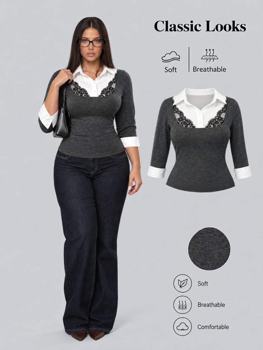 Sweetra Plus Size Autumn/Winter Contrast Collar Lace Patchwork Sexy Commuter Elegant Blouse - Dark Grey - View 1