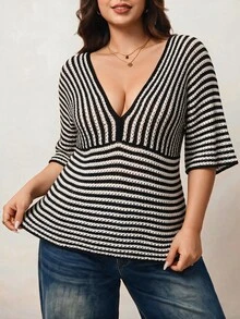 Enliva Plus Size Women's V-Neck Striped Casual Daily Knit Top - Black and White - View 5