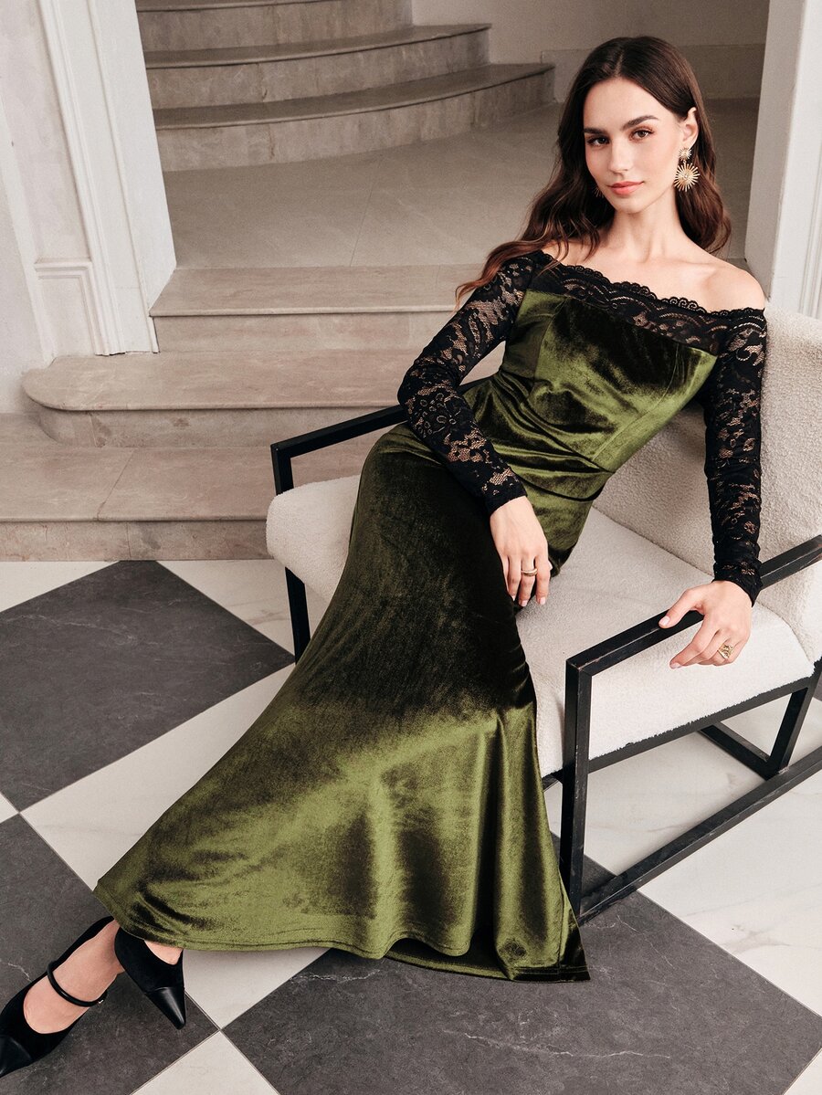 Anewsta Autumn/Winter New Elegant Fashion Party Holiday Outing Date Cold Shoulder Lace Patchwork Velvet Women's Long Dress - Army Green - View 1