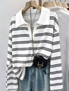 GlowEve CURVE Plus Size Black & White Striped V-Neck Knit Sweater Women Loose Drop Shoulder Long Sleeve Casual Base Layer Top Classic Retro Versatile Pullover Fall - Multicolor - View 4