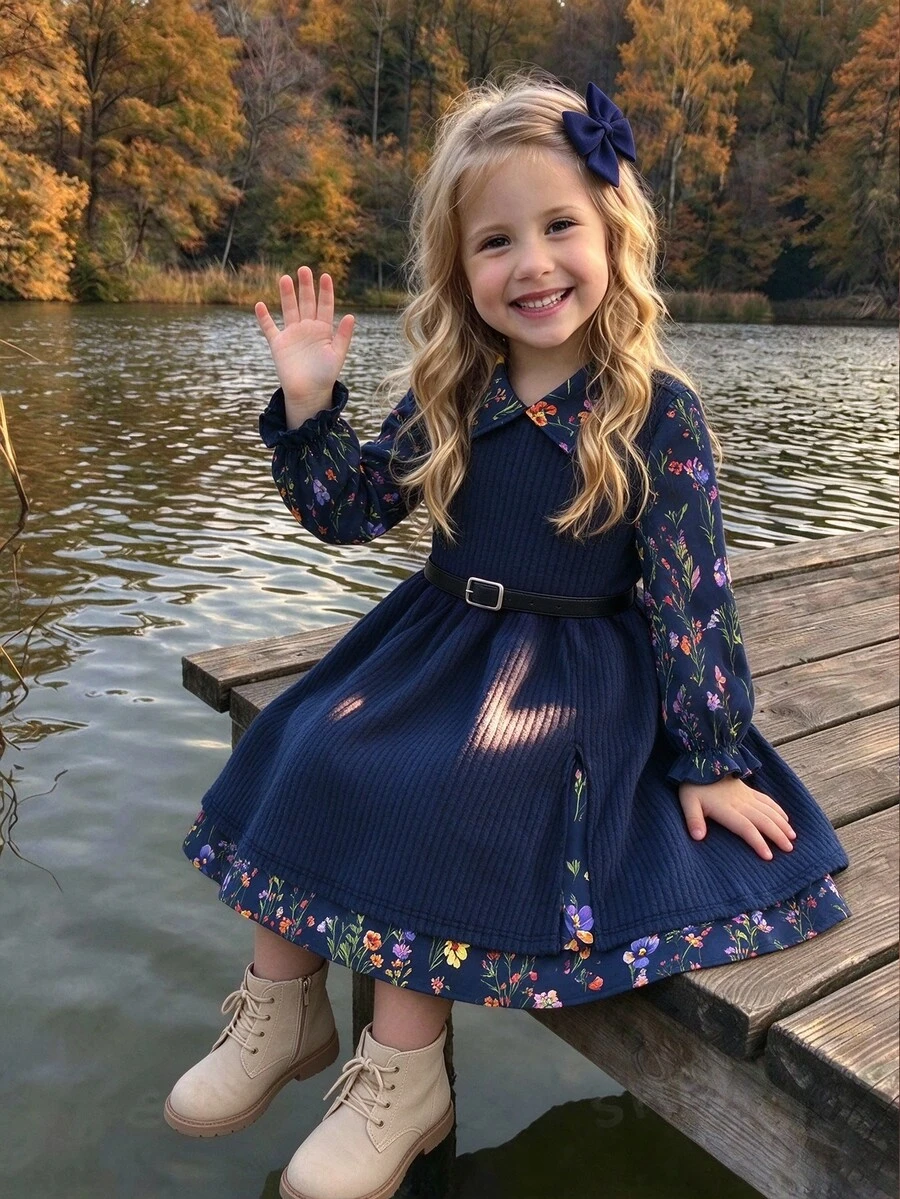 SHEIN Young Girl Floral Digital Print Ribbed Mock 2-Piece Dress Cute Ruffle Long Sleeve Peter Pan Collar Fall Winter Loose Casual Flared Layered Midi Dress - Royal Blue - View 1