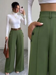 Elenzga Women's Solid Color Casual Versatile Daily Wear Long Pants - Green - View 5
