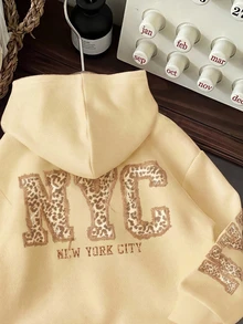 Comfortcana 休閒極簡風 NYC 豹紋英文字母奶油黃連帽衛衣，適合秋冬穿著 - 彩色 - 查看 3