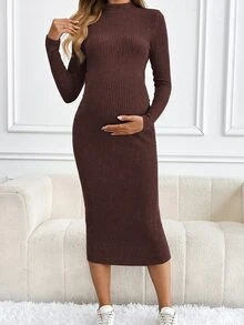 SHEIN 女款純色立領長袖簡約長版休閒洋裝，適合孕婦秋季穿著 - 棕色 - 查看 4