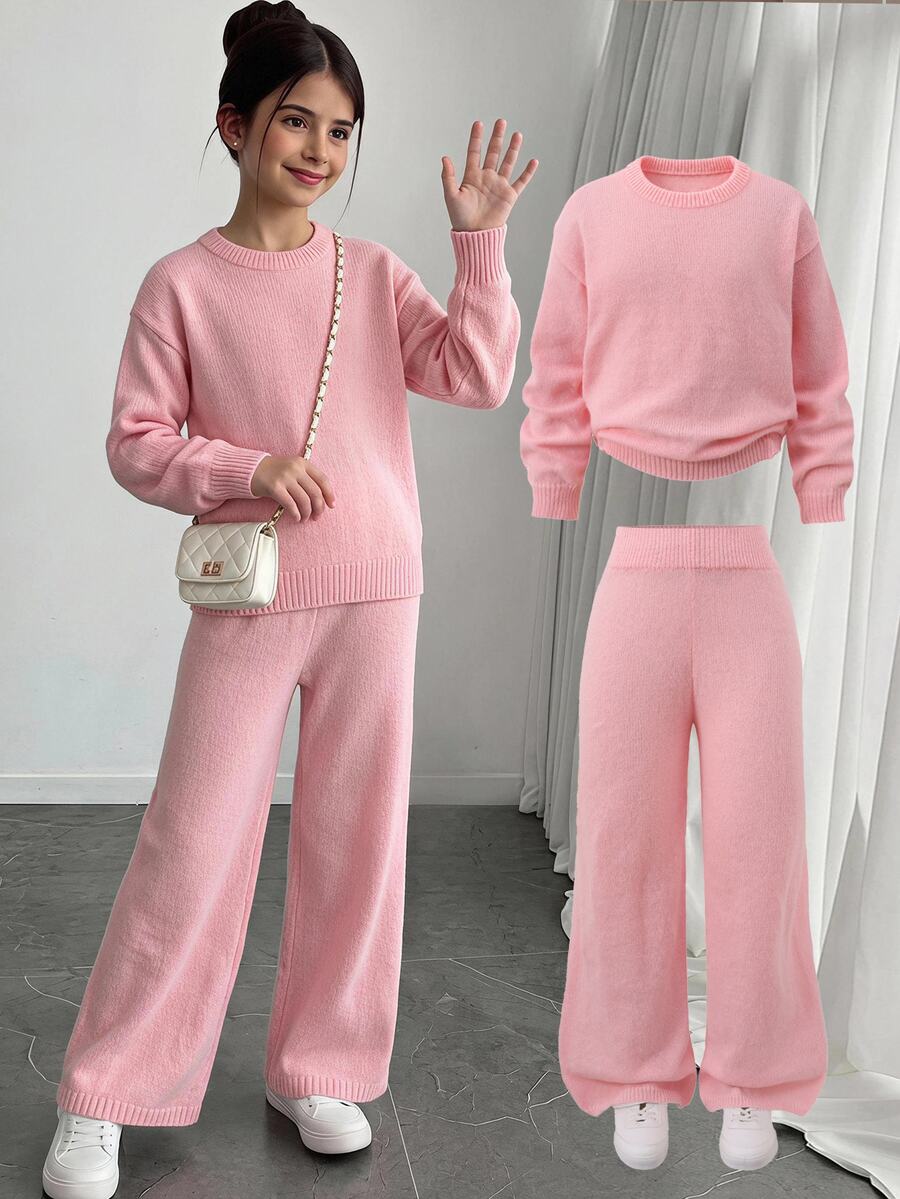 SHEIN Tween Girl 秋冬休閒復古粉色寬鬆針織長袖套頭上衣與長褲 2 件套,適合時尚穿搭 - 粉色 - 查看 1