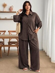 Enliva Plus-Size Women's Striped Shirt Two Pieces Set, Suitable For Commuting Apple,Rounded Body - Multicolor - View 7