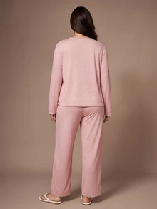 Lazeform Solid Color Square Neck Button-Front Lace Trim Long Sleeve Pants Pajama Set Plus Size - Pink - View 2