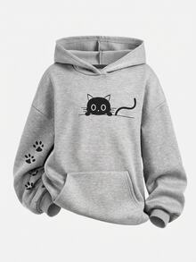 SHEIN 青少年女孩秋/冬新款灰色針織時尚百搭可愛貓咪印花休閒長袖連帽衛衣，返校季 - 灰色 - 查看 3