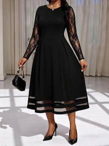 SHEIN Lady Plus Size Women's Contrast Lace Long Sleeve Round Neck Elegant Dress - Black - View 4