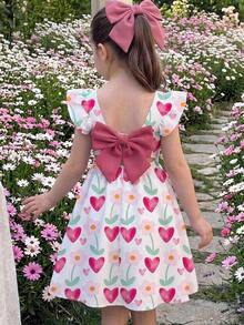 SHEIN Young Girl Bowknot Decor Floral Print Casual Summer Dress - Pink - View 1