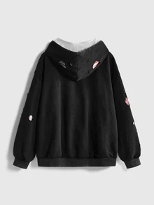 ROMWE Street Life Women's Vintage Distressed American Flag 2 In 1 Streetwear Hooded Sweatshirt Jacket Washed - Black - View 2