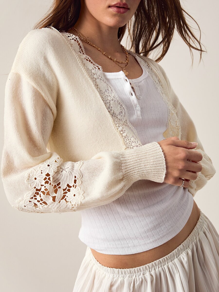 Willow Rêve Áo cardigan nữ phối ren phong cách thường ngày đa năng mặc hằng ngày - Kem - Xem 1