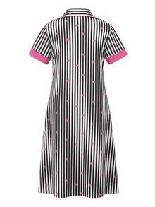Moonlight&Mama Grey & White Vertical Striped All-Over Print Pink Heart Contrast Trim Lapel Cardigan Short Sleeve Maternity Loose Fit Nightgown Loungewear - Black - View 2