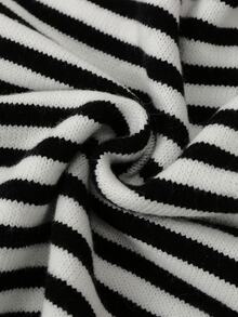 Sunnyshic Striped Cold Shoulder Knit Top And Drawstring Waist Knit Shorts 2 Pieces Set - Black and White - View 5