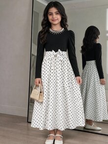 SHEIN 青少年女孩黑白波點拼接長袖珍珠裝飾繫帶洋裝休閒秋冬穿搭 - 黑與白 - 查看 1