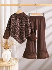 SHEIN 女童 2 件套秋冬套裝，高領不對稱下擺上衣配毛絨抓毛袖口，羅紋喇叭褲，返校穿著女童服飾 - 棕色 - 查看 2