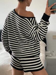 Sunnyshic Striped Cold Shoulder Knit Top And Drawstring Waist Knit Shorts 2 Pieces Set - Black and White - View 2