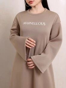 Veilorie Women's Letter Embroidery Round Neck Dropped Shoulder Long Sleeve Casual Loose Long Dress - Khaki - View 4
