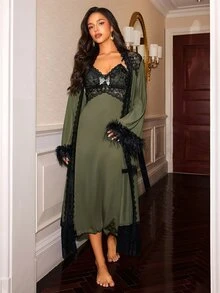 Slumberist Vintage Military Green Feather Cuff Lace Robe 2 Pieces Set, Sexy Hollow Lace Camisole Long Nightgown 2 Pieces Set - Army Green - View 4