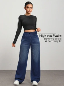 Flexra Women's Street Style Elastic Casual Sporty Denim Wide Leg Pants - Dark Wash - View 4