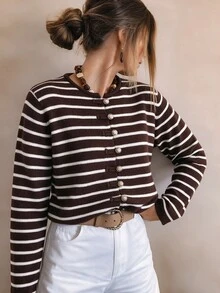 SHEIN LUNE 女款條紋休閒百搭日常穿著開襟衫 - 咖啡棕 - 查看 1
