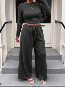 Muchica Plus Size Round Neck Long Sleeve Minimalist T-Shirt And Drawstring Waist Long Pants 2 Pieces Set Fall - Dark Grey - View 3