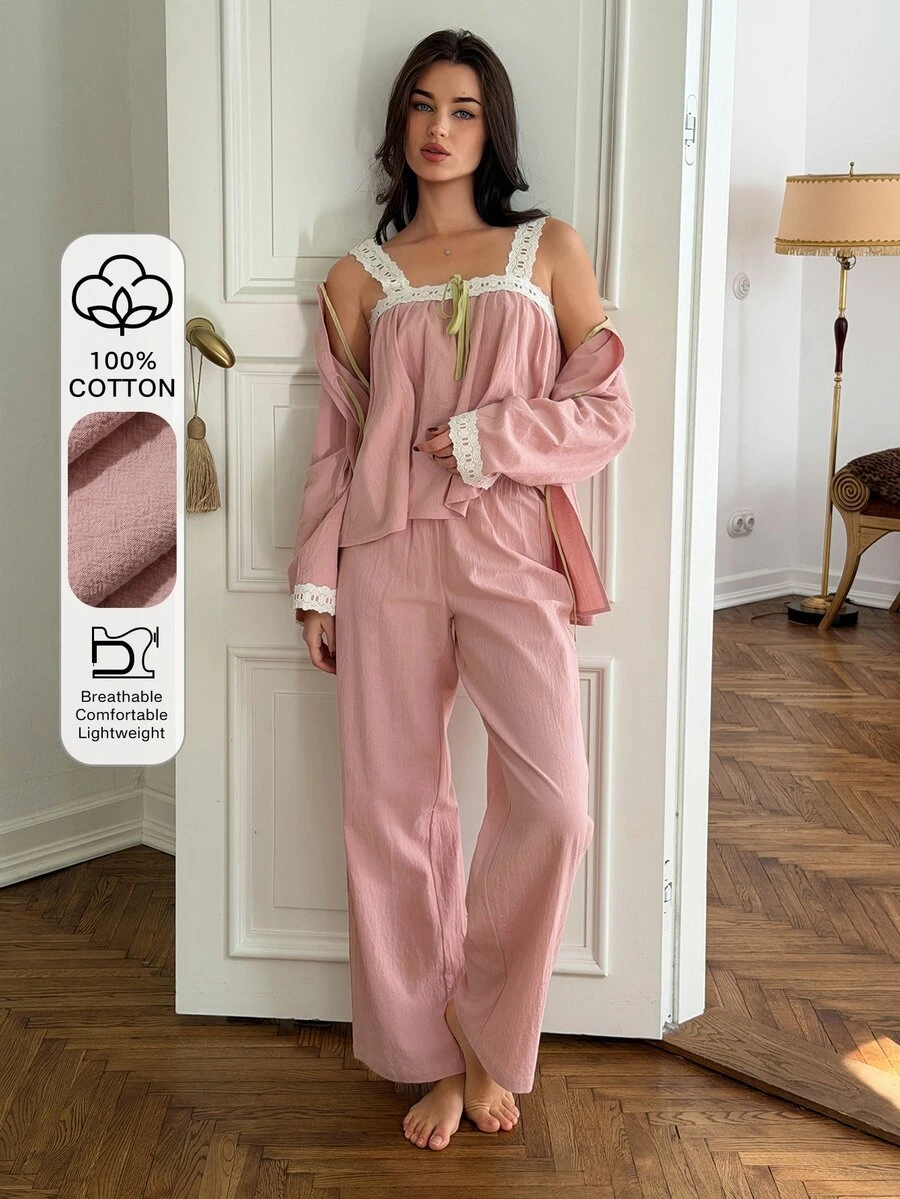 DAZY Women's Colorblock Pleated Top, Cardigan And Long Pants Casual Daily Home Sleepwear Set - Pink - View 1