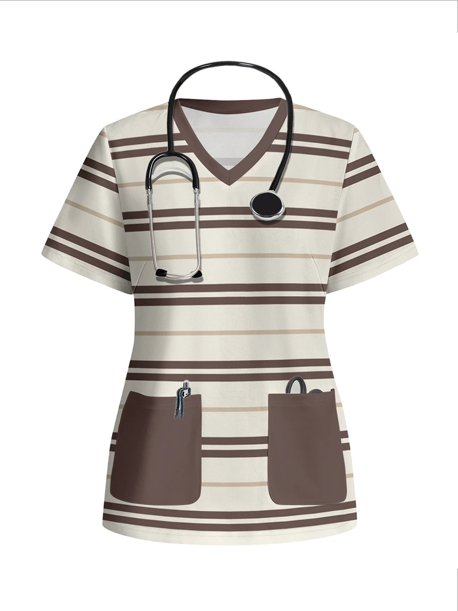 PopScrub Casual Minimalist Brown Striped Scrub Uniform Top - Multicolor - View 1