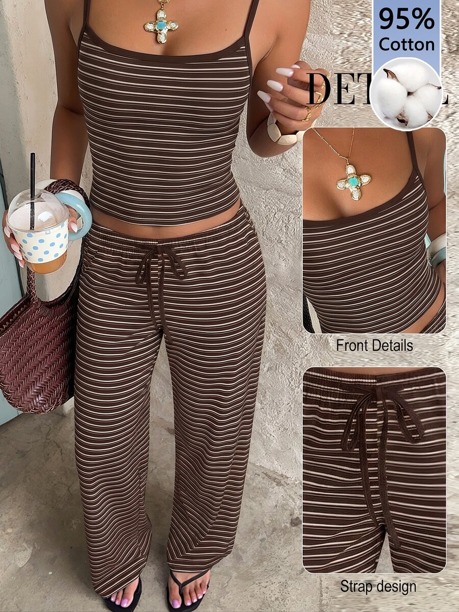 Aloruh Women's Casual Comfortable 95% Cotton Home Camisole & Long Pants Set, Brown Striped - Multicolor - View 1