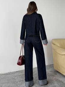 SHEIN Women Dark Blue Washed Jacket & Wide Leg Jeans Two Pieces Denim Set - Dark Wash - View 2