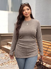 SHEIN LUNE 大尺碼休閒寬鬆純色側開衩T恤，秋季正式度假風黑色 - 棕色 - 查看 3