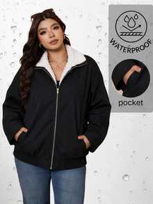 Easura Plus Size Solid Color Drop Shoulder Loose Warm Thermal Lined Winter Jacket Black Cowboy - Black - View 6