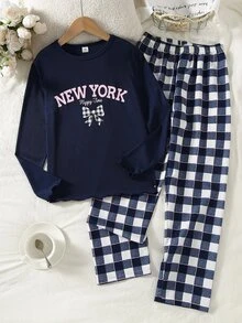 Teen Girls English Word & Bow Print Deep Royal Blue Ribbed Long Sleeve Top, Paired With Small Plaid Print Contrast Trim Long Pants Lounge Set - Royal Blue - View 3