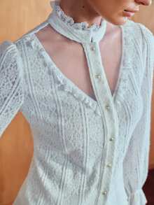 MOTF PREMIUM WOMEN'S AUTUMN/WINTER LACE RUFFLE HIGH NECK FRONT-OPENING LONG SLEEVE BLOUSE - White - View 2