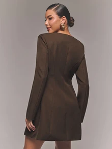COSMINA Autumn/Winter Long Sleeve Short Dress With Button Decoration, Brown Elegant Commuter Dress - Brown - View 2