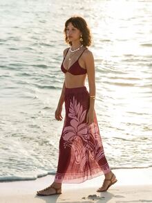 CAJUNI Women's Floral Print Beach Cover-Up Midi Skirt - Red - View 1