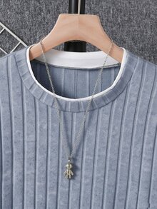 SHEIN 青少年男孩圓領抓絨羅紋長袖對比色領口與下擺T恤，春/秋/冬 - 淺藍色 - 查看 5